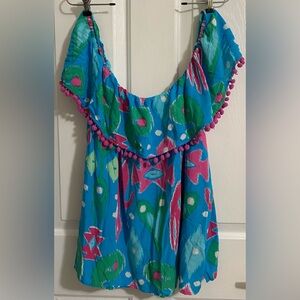 CROWN AND IVY.. WOMENS Colorful Off-Shoulder Top with Pom-Pom Trim